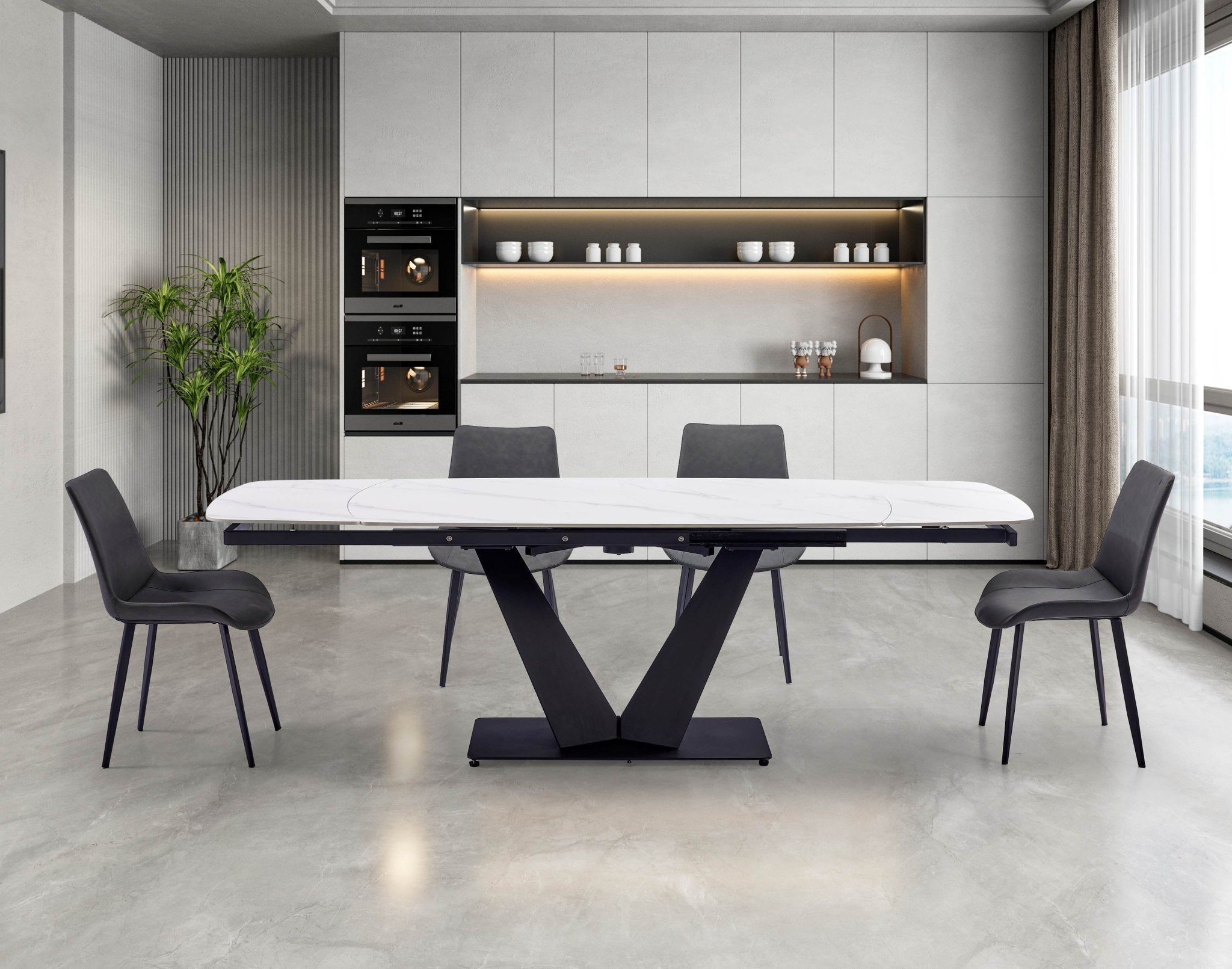Linea Stainless Steel Black Base Shiny Sintered Stone Top Dining Table - Quality Rugs and Furniture