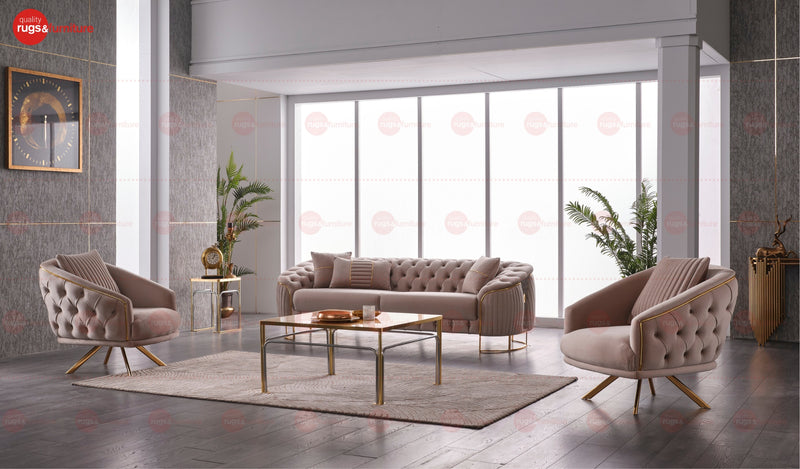 Lucas Luxury Velvet Modern Sofa Set Beige Gold