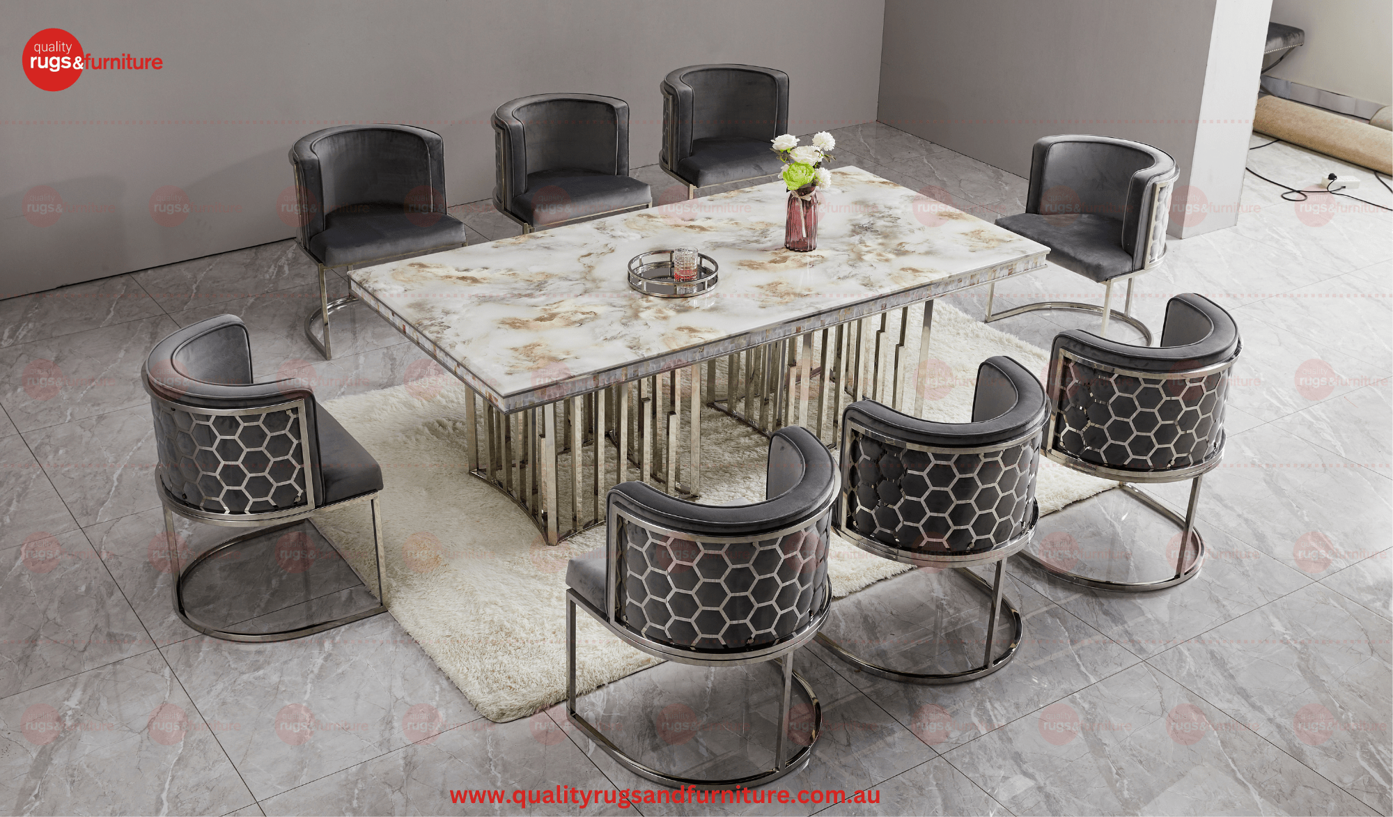 New Stela Dining Table Marble Top Stainless Steel Base Silver - Quality Rugs and Furniture