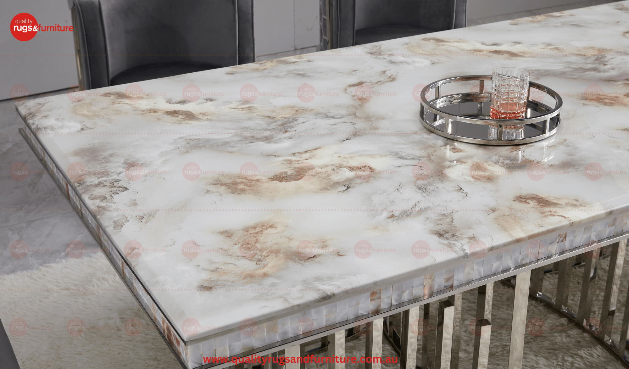New Stela Dining Table Marble Top Stainless Steel Base Silver - Quality Rugs and Furniture
