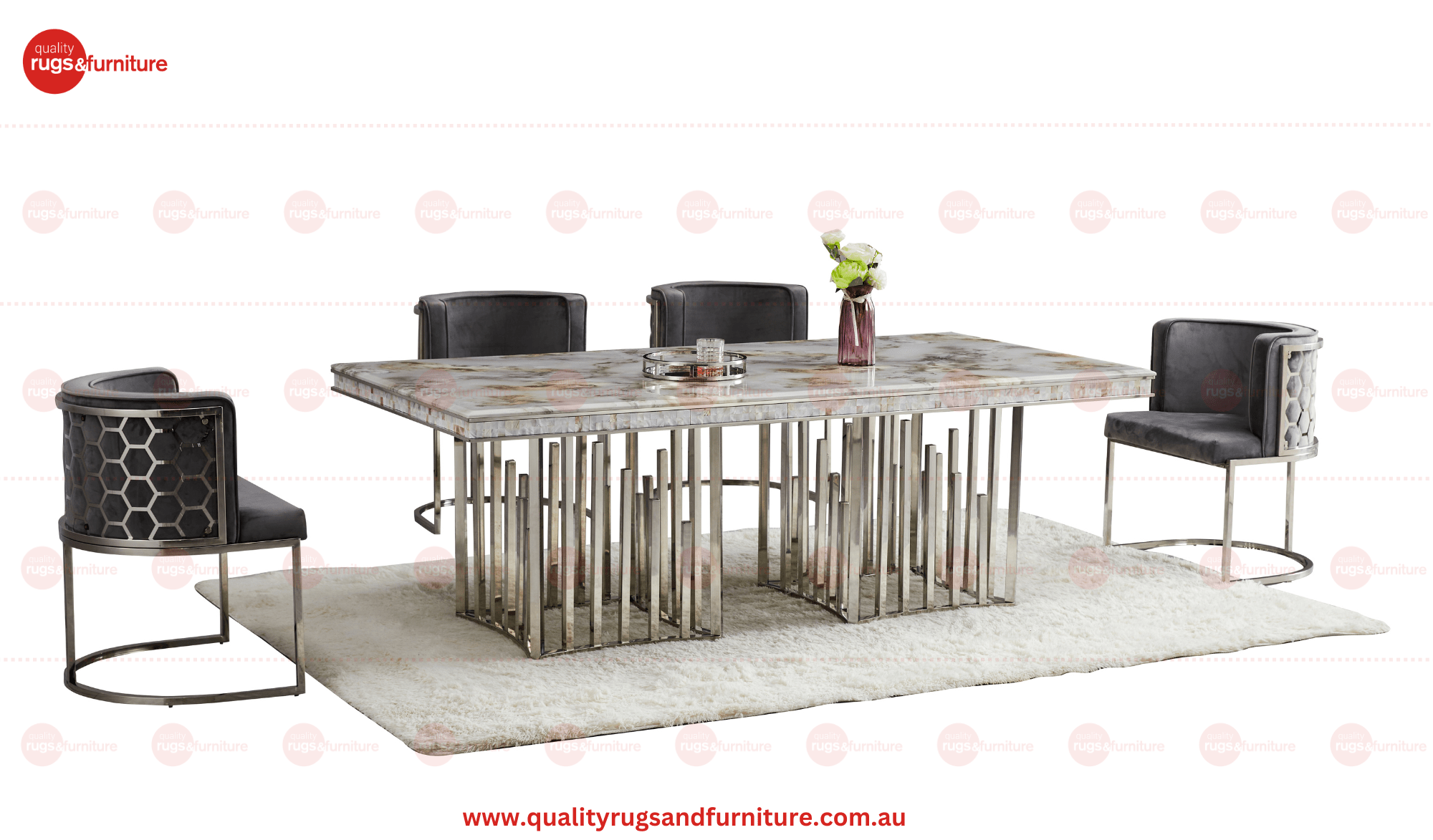 New Stela Dining Table Marble Top Stainless Steel Base Silver - Quality Rugs and Furniture