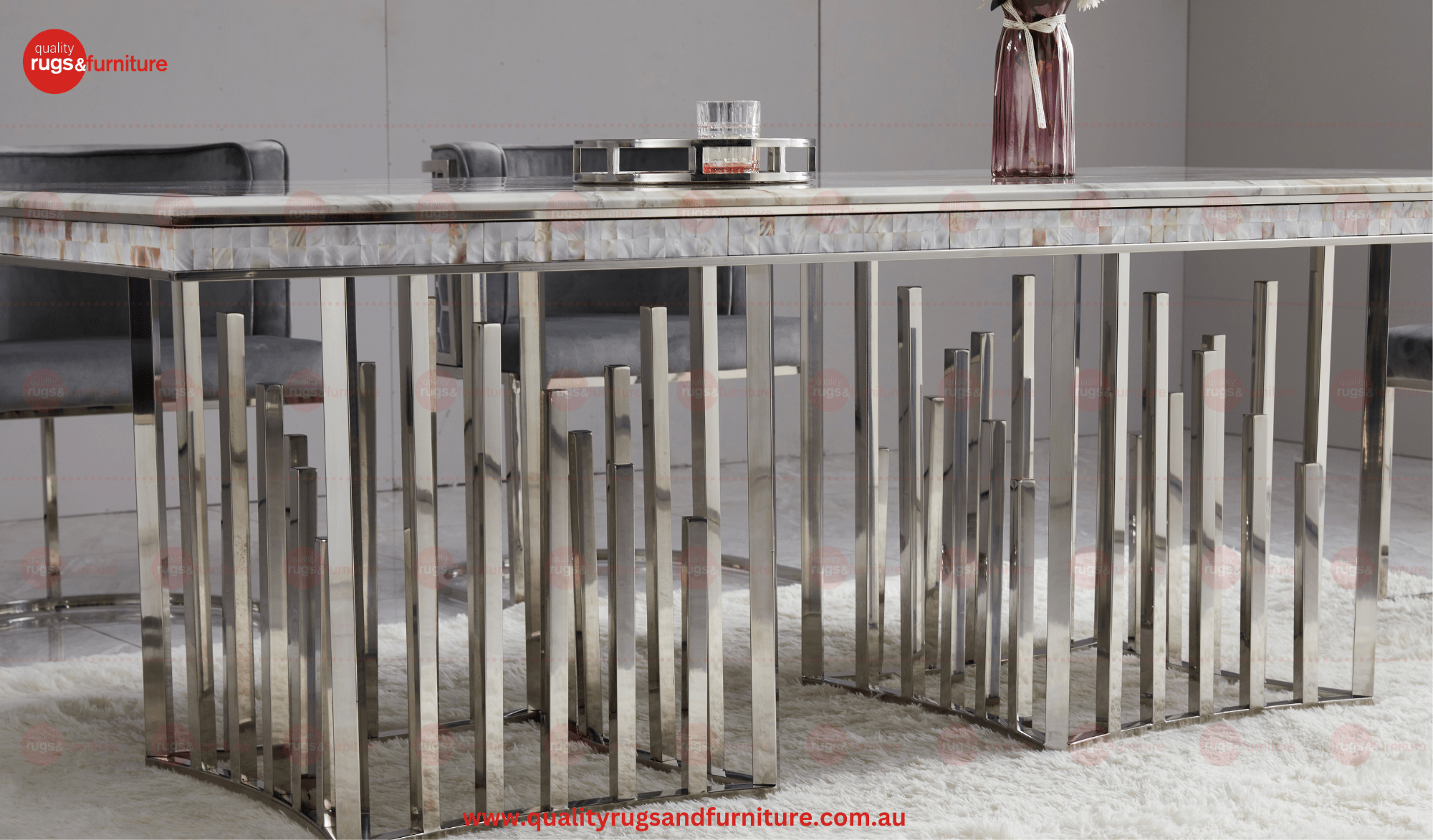 New Stela Dining Table Marble Top Stainless Steel Base Silver - Quality Rugs and Furniture