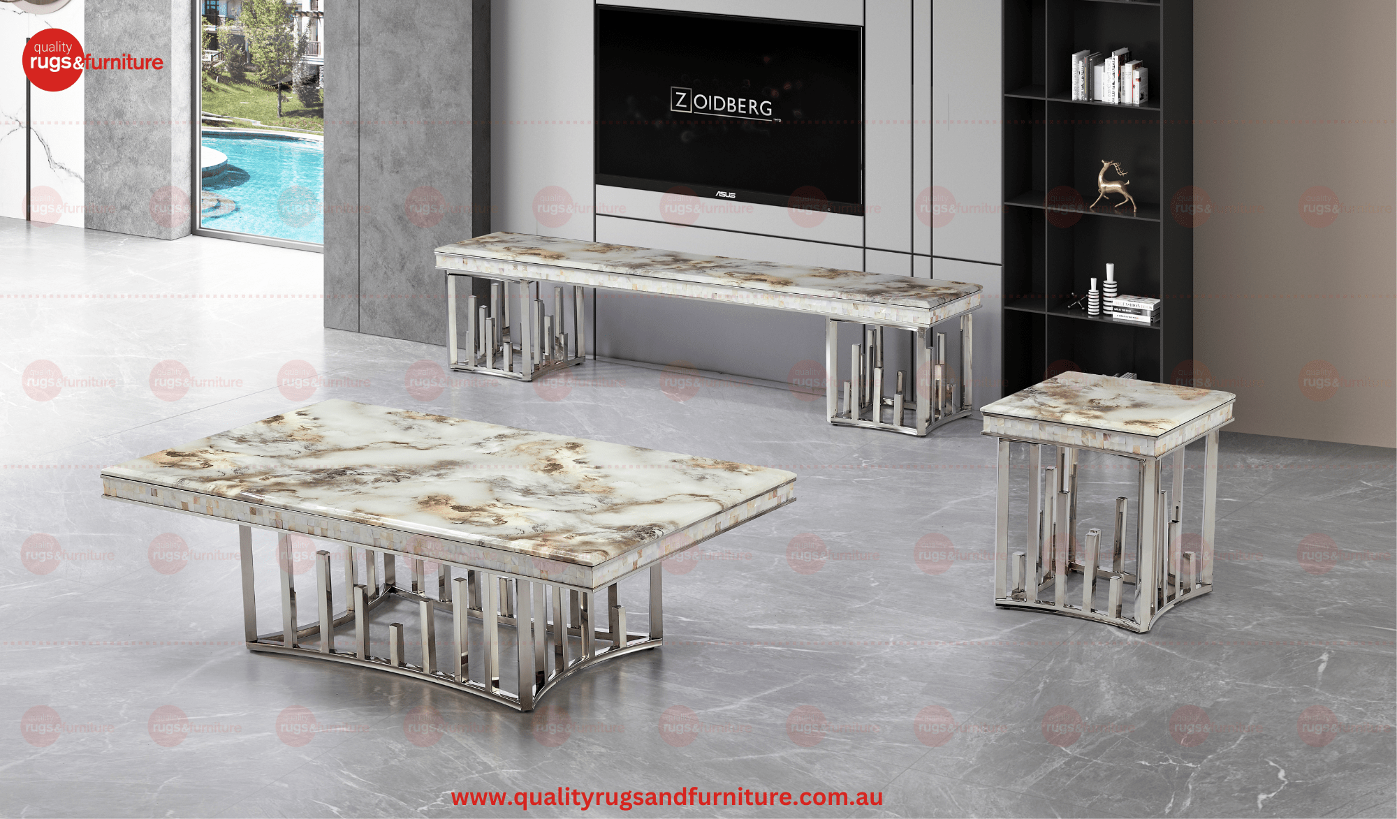 New Stela Tv Unit Marble Top Stainless Steel Base Silver - Quality Rugs and Furniture