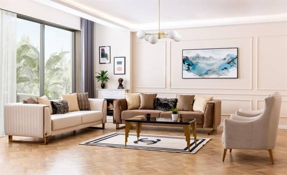 Piano Art Deco Sofa Set Modern Mid Century Beige - Quality Rugs and Furniture