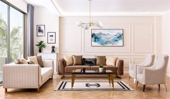 Piano Art Deco Sofa Set Modern Mid Century Beige - Quality Rugs and Furniture