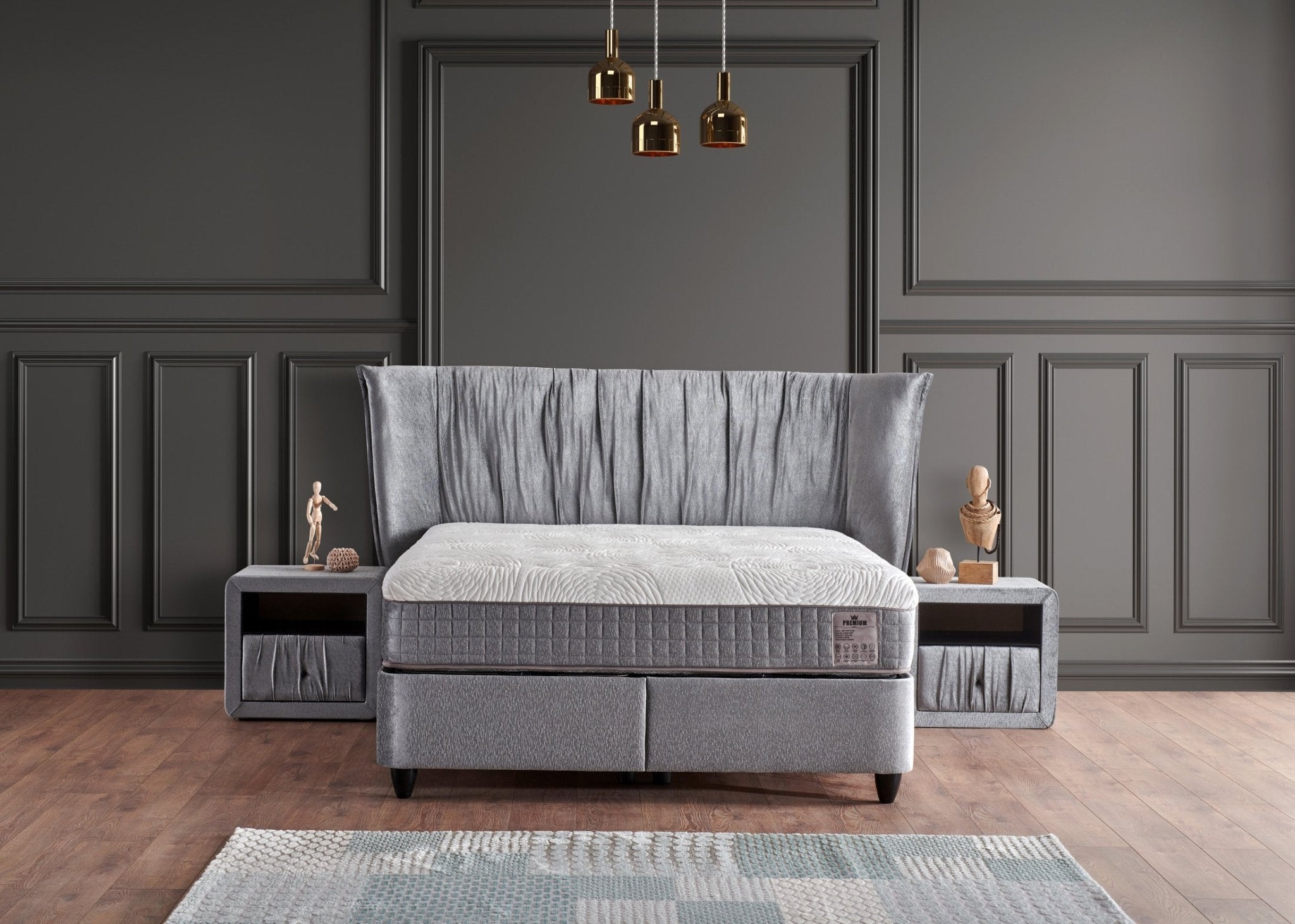 Premium King Bedroom Suite Luxury Modern Bed + Mattress + 2 Bed Side Table - Quality Rugs and Furniture