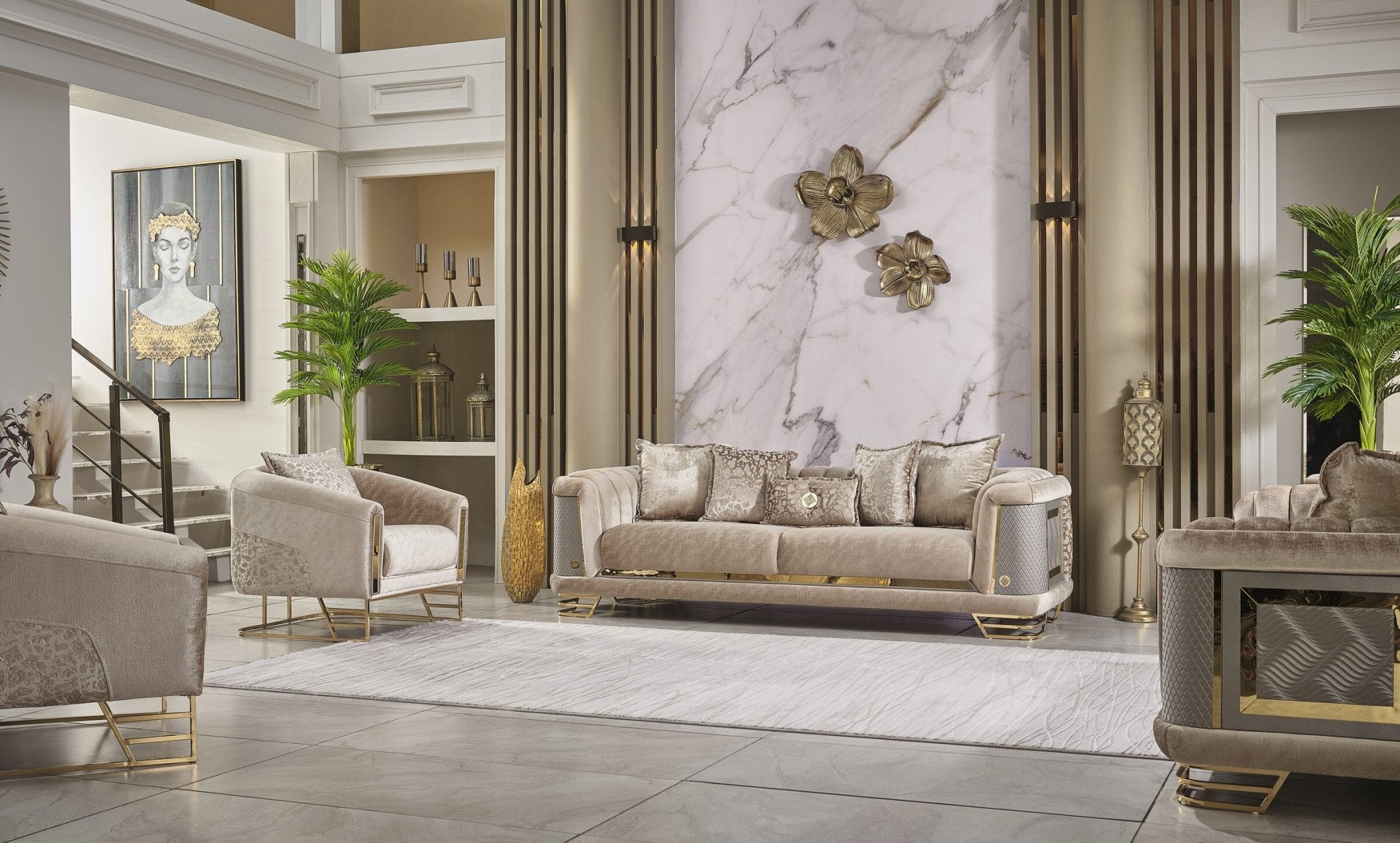 Romance Velvet Modern Luxury Sofa Set Cream Gold - Quality Rugs and Furniture