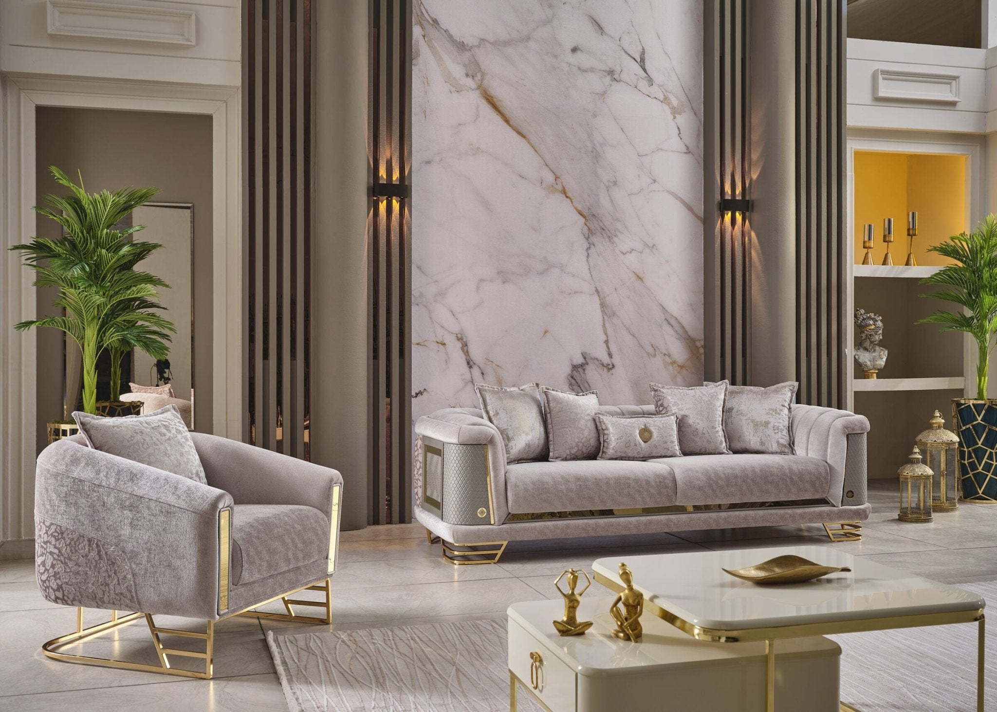 Romance Velvet Modern Luxury Sofa Set Cream Gold - Quality Rugs and Furniture