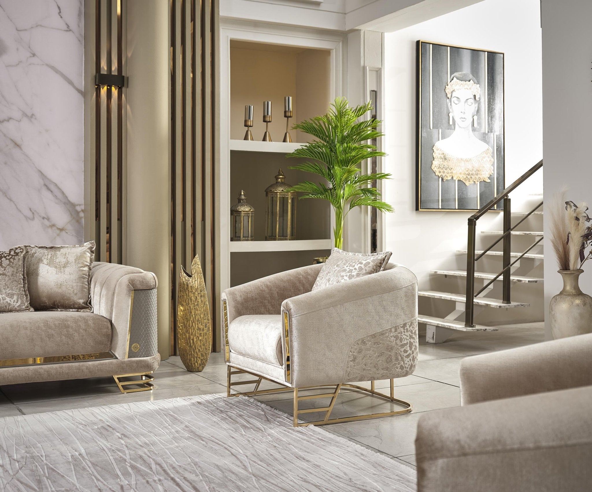 Romance Velvet Modern Luxury Sofa Set Cream Gold - Quality Rugs and Furniture