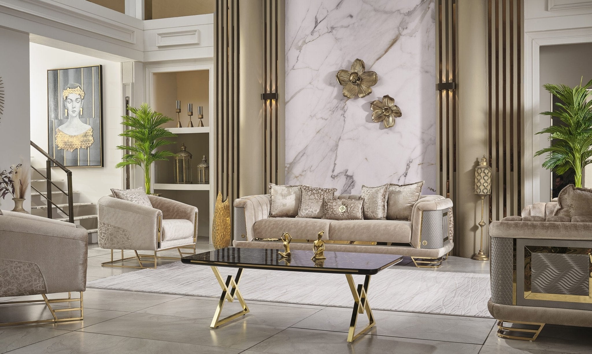 Romance Velvet Modern Luxury Sofa Set Cream Gold - Quality Rugs and Furniture