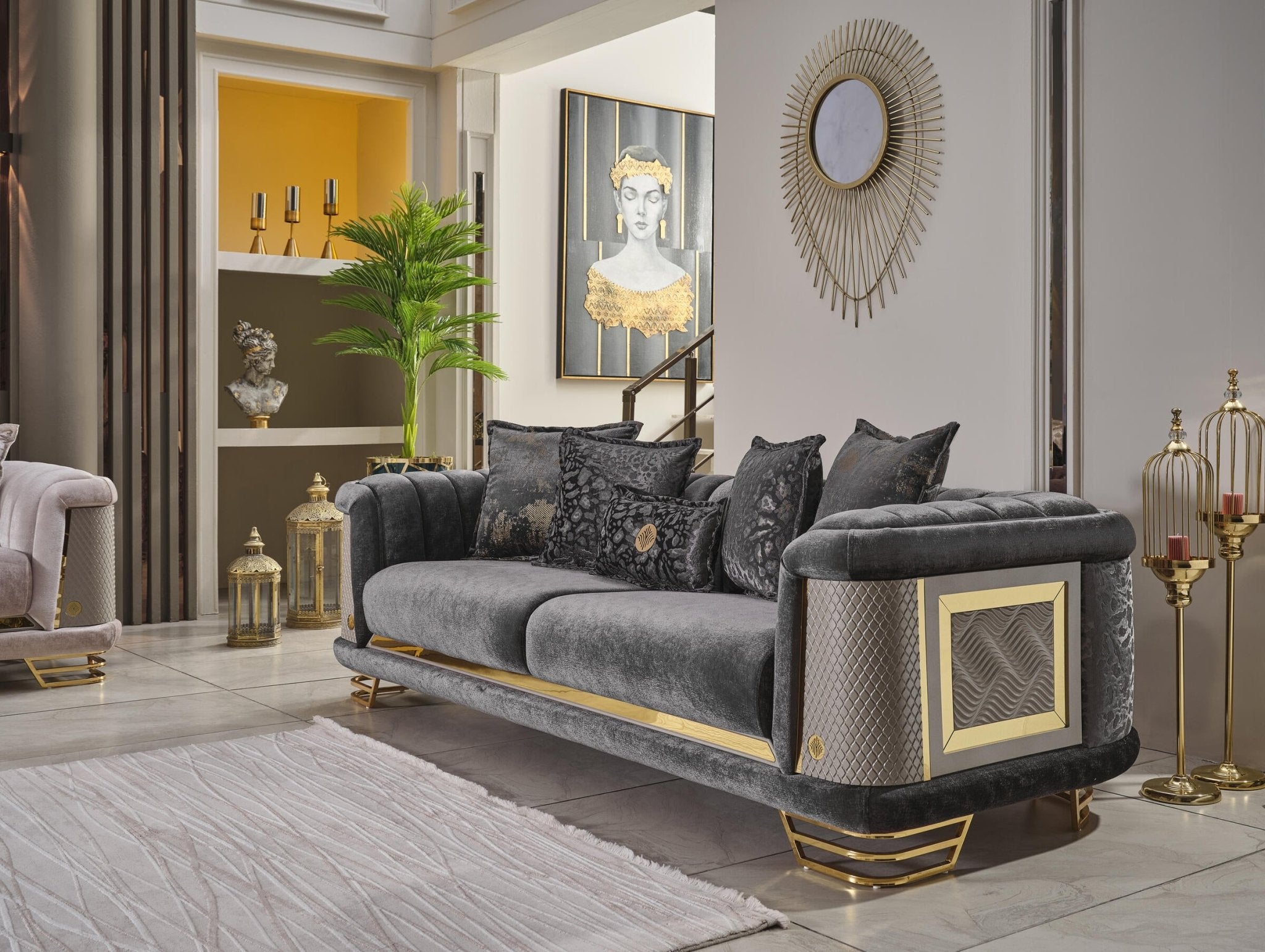Romance Velvet Modern Luxury Sofa Set Grey Gold - Quality Rugs and Furniture