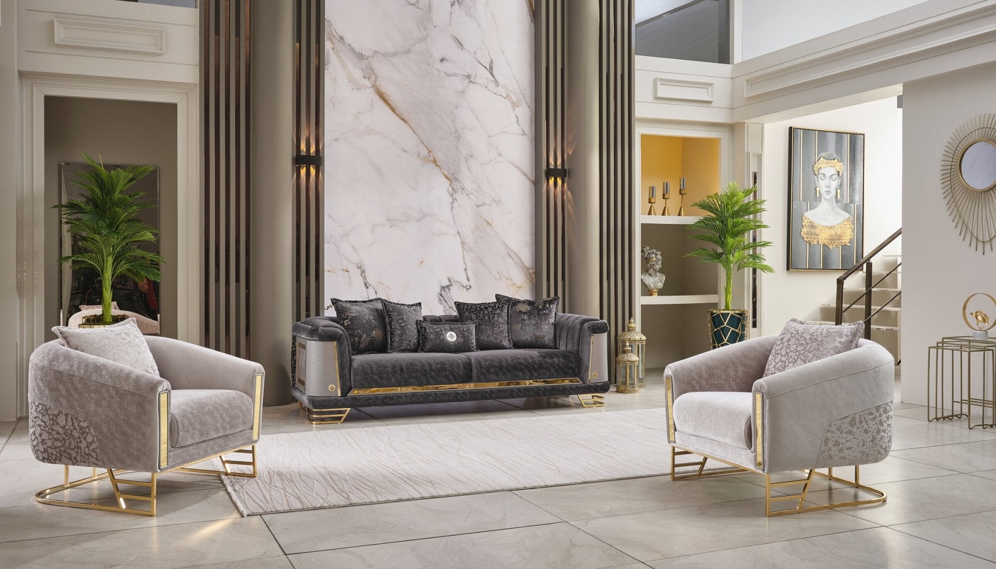 Romance Velvet Modern Luxury Sofa Set Grey Gold - Quality Rugs and Furniture