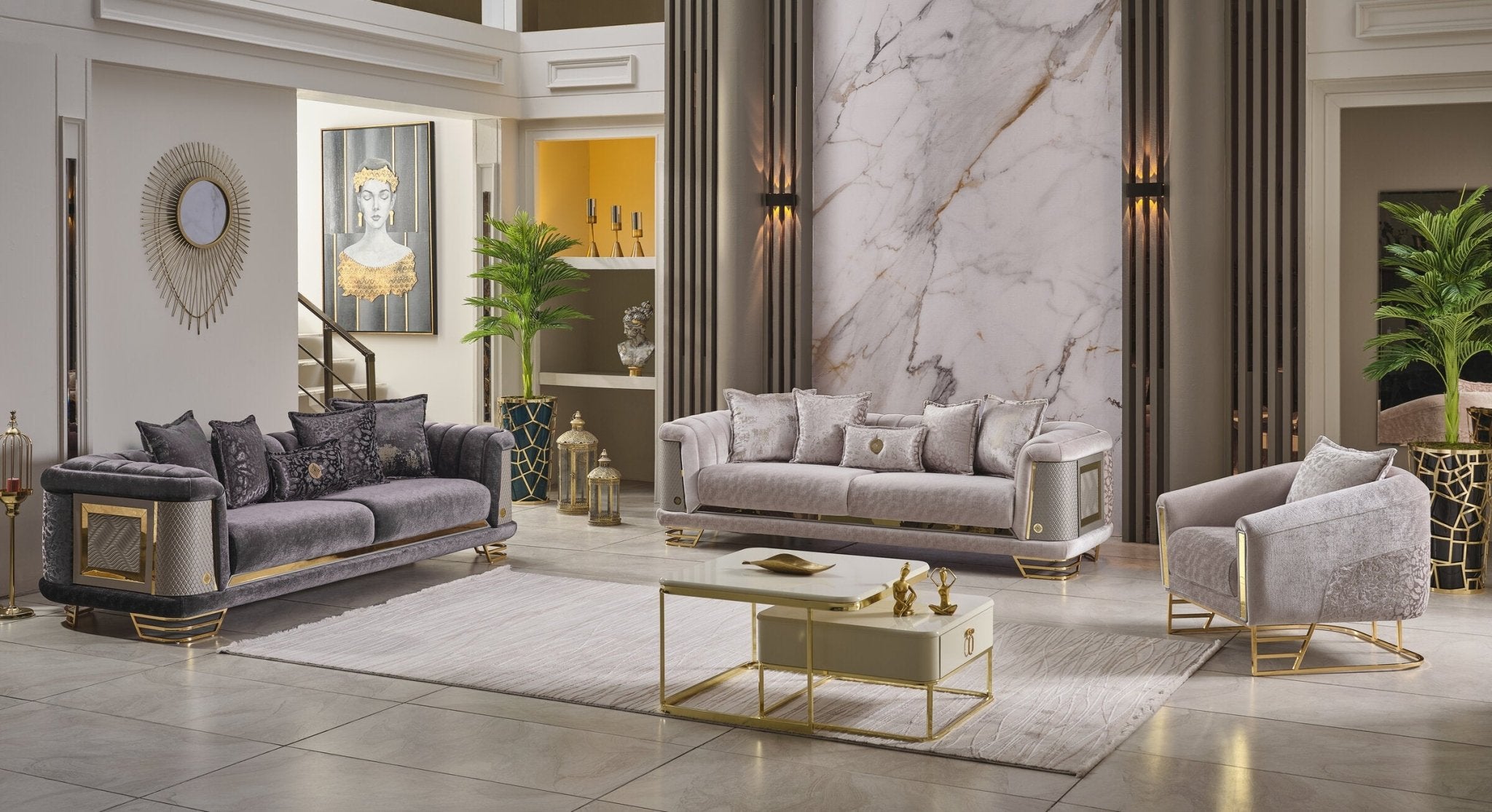 Romance Velvet Modern Luxury Sofa Set Grey Gold - Quality Rugs and Furniture