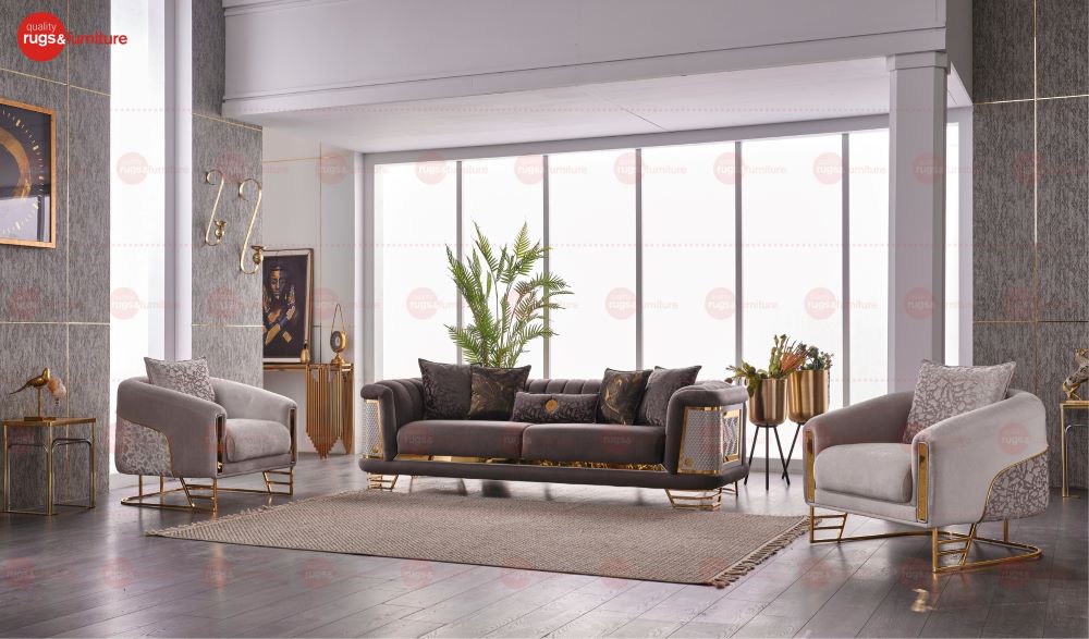 Romance Velvet Modern Luxury Sofa Set Grey Gold - Quality Rugs and Furniture