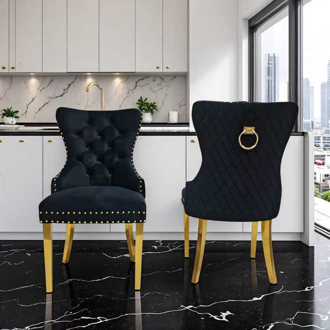 Rona Modern Dining Chair Golden Leg Black Velvet - Quality Rugs and Furniture