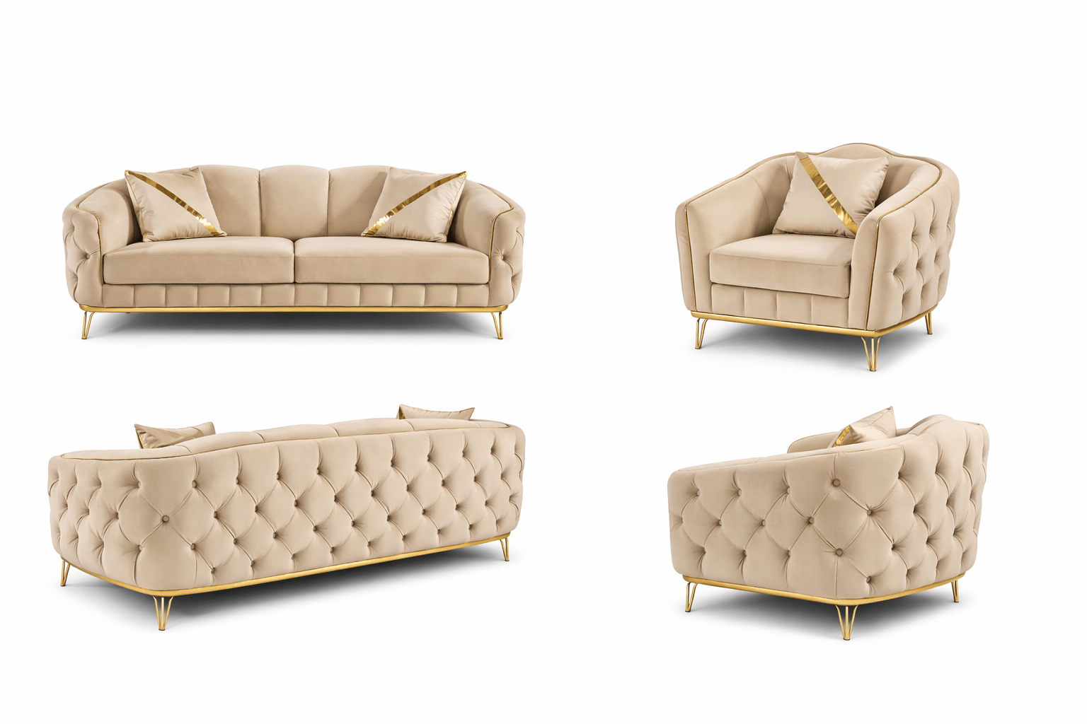 Saria Modern Velvet Sofa Set Beige Gold - Quality Rugs and Furniture