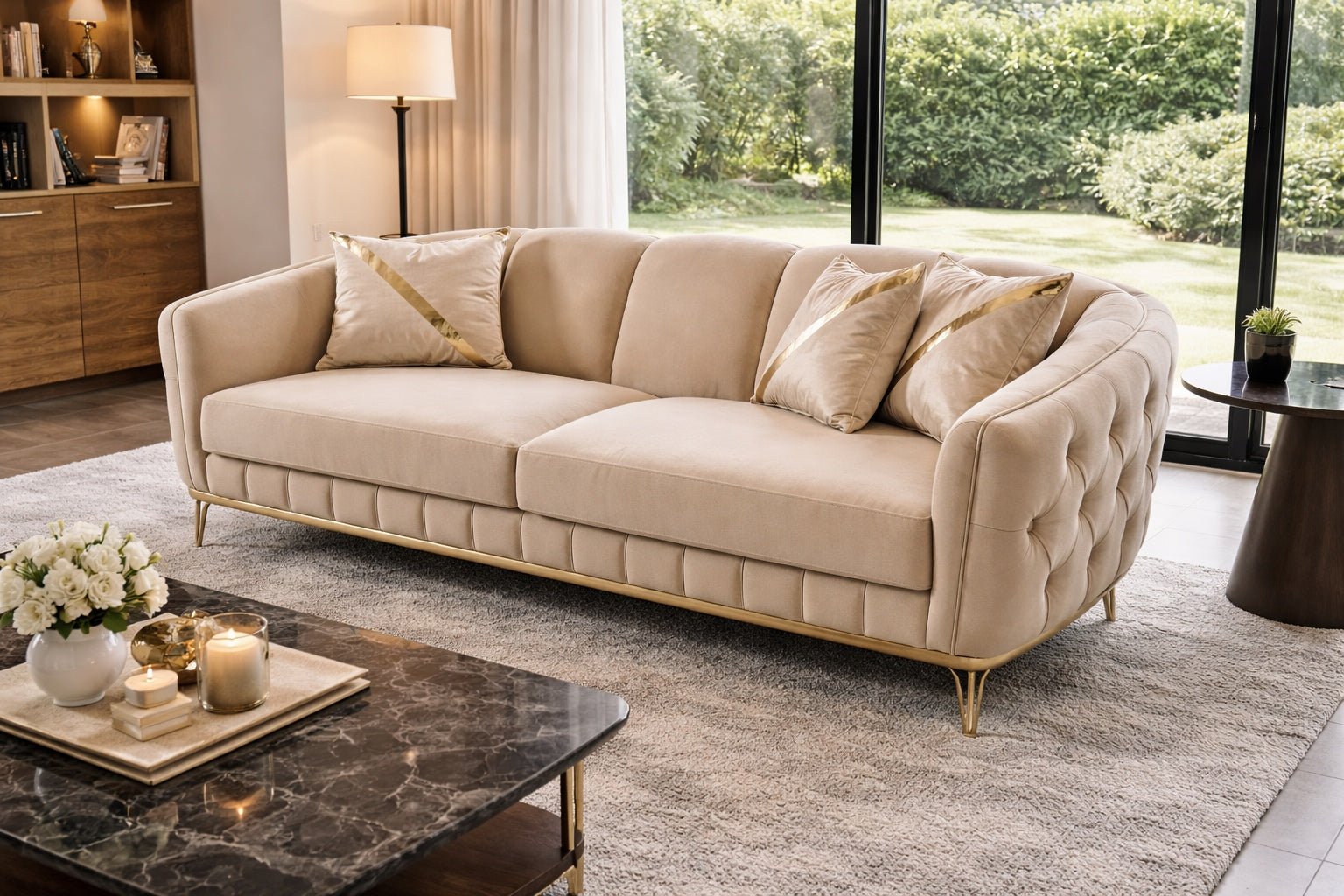 Saria Modern Velvet Sofa Set Beige Gold - Quality Rugs and Furniture