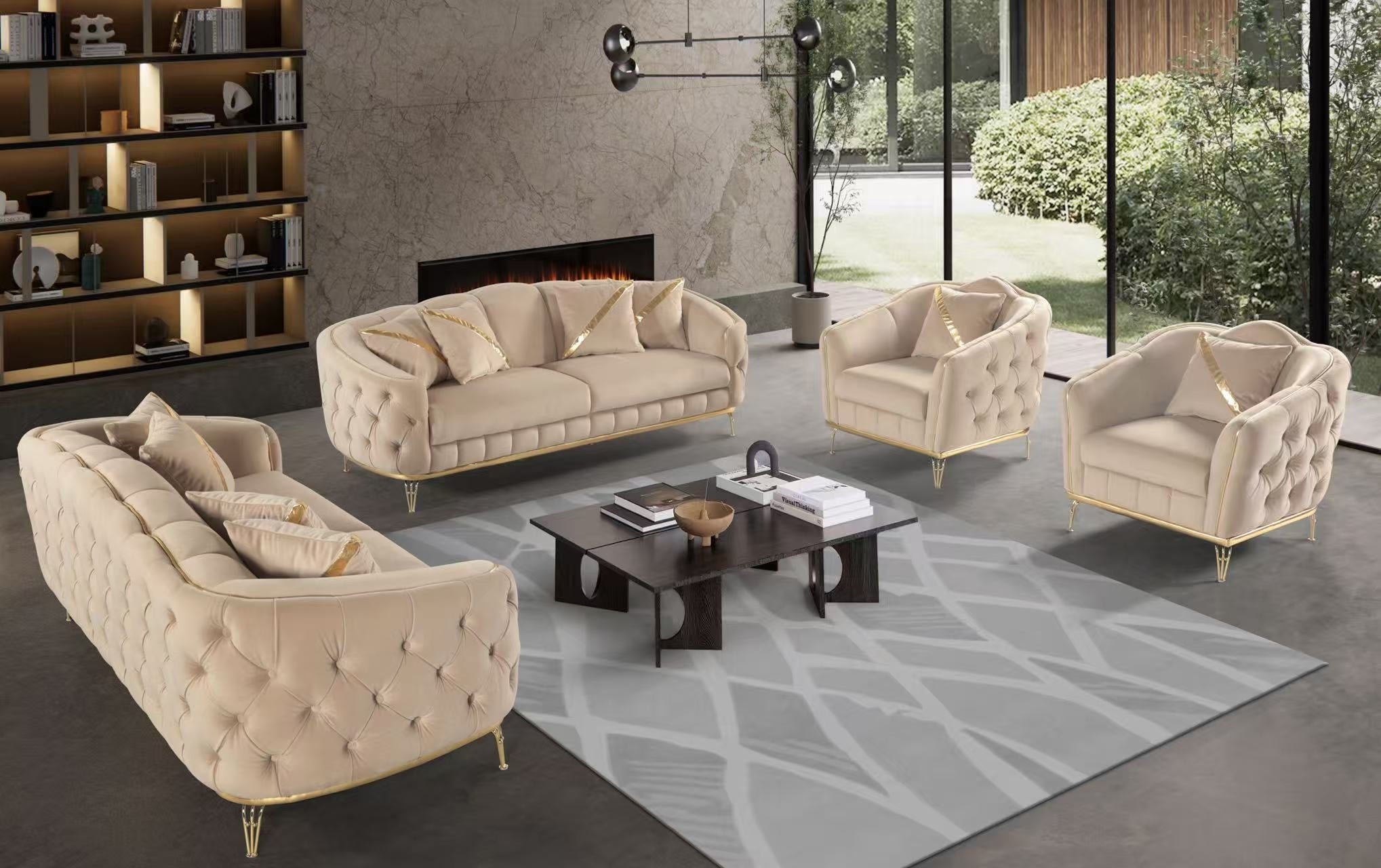 Saria Modern Velvet Sofa Set Beige Gold - Quality Rugs and Furniture
