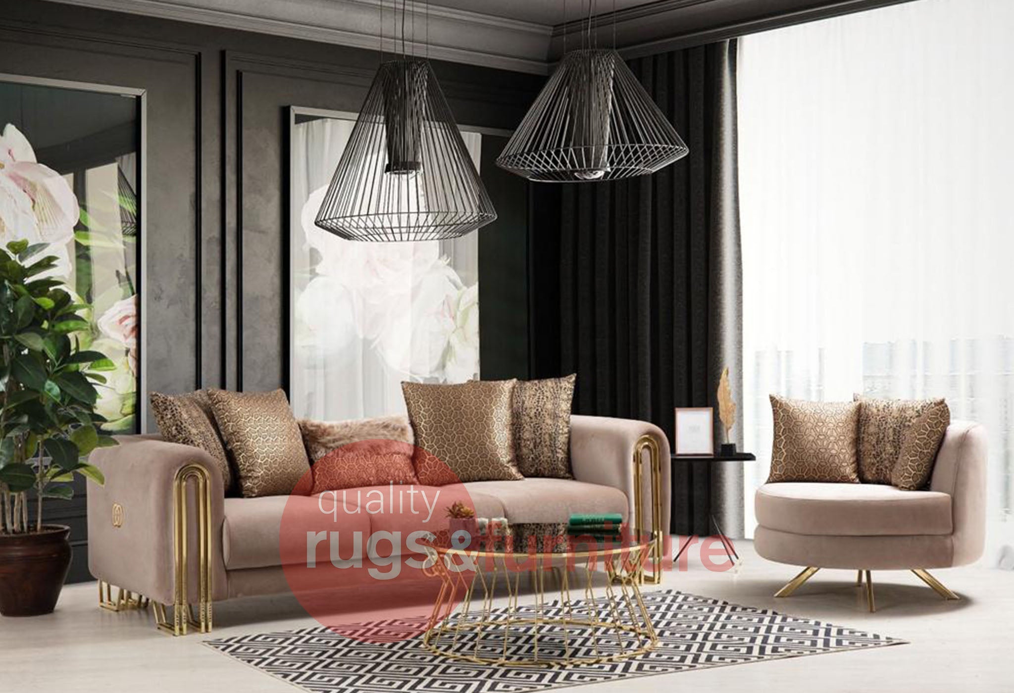 Sehrazat Modern Velvet Luxury Sofa Set Beige Gold - Quality Rugs and Furniture