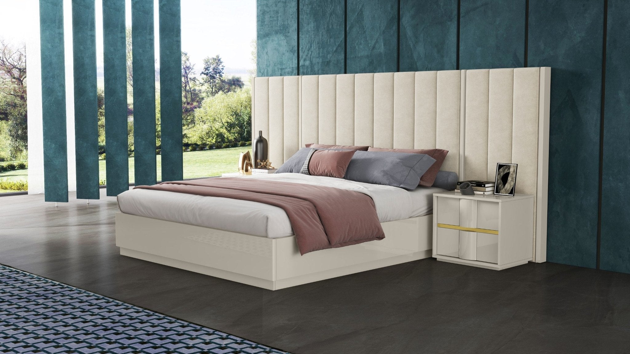 Selena Bedroom Suite Luxury Modern Bed Beige Lacquer - Quality Rugs and Furniture
