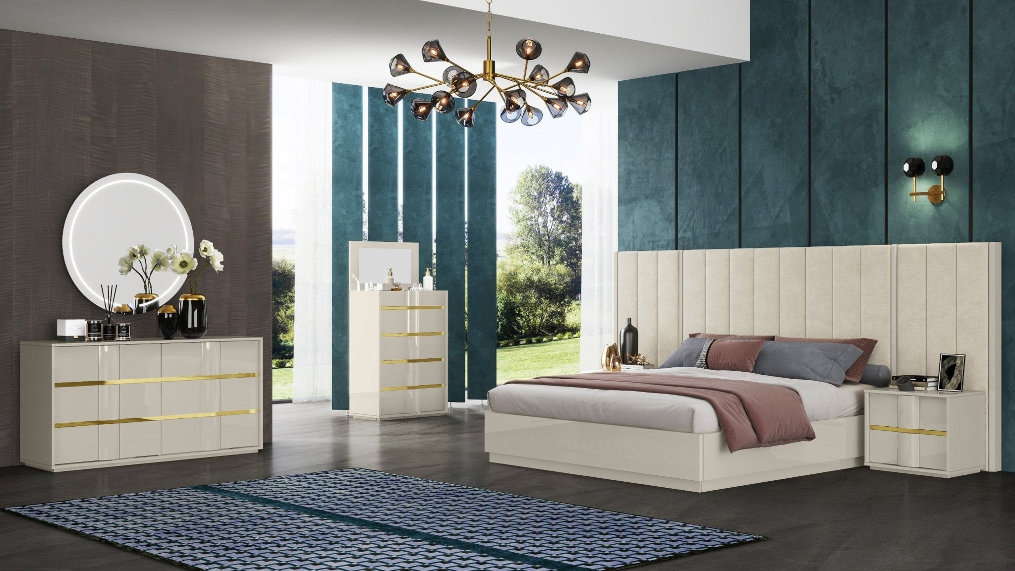 Selena Bedroom Suite Luxury Modern Bed Beige Lacquer - Quality Rugs and Furniture