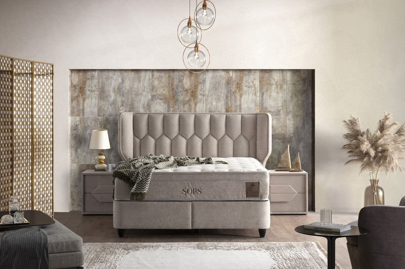 Solis Queen Bedroom Suite Luxury Modern Bed + Mattress + 2 Bed Side Table