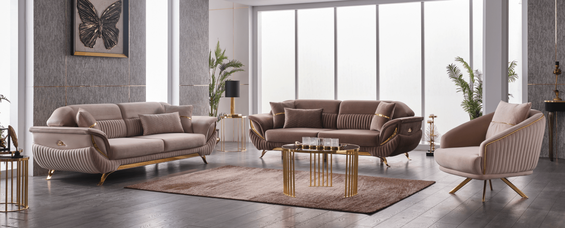 Sidney Velvet Modern Sofa Set Nescafe Gold - Quality Rugs and Furniture