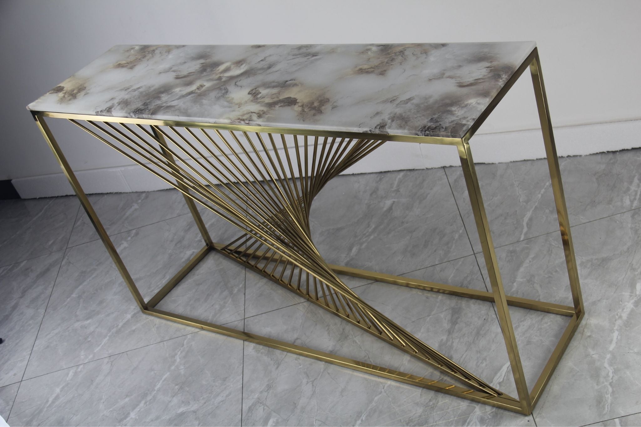 Spiral Console Hallway Table Stainless Steel Base Marble Top Gold - Quality Rugs and Furniture