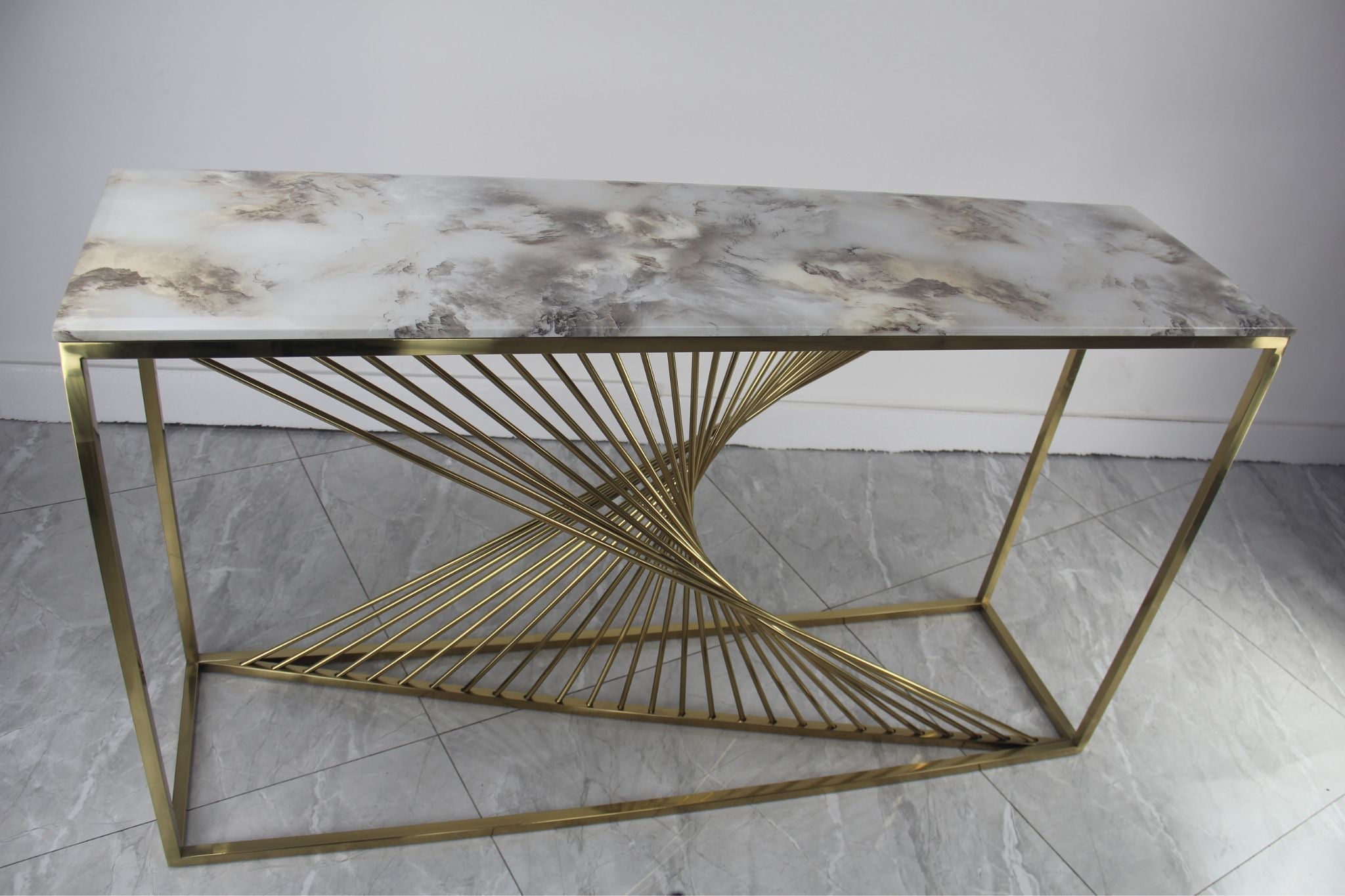 Spiral Console Hallway Table Stainless Steel Base Marble Top Gold - Quality Rugs and Furniture