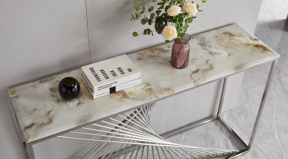 Spiral Console Hallway Table Stainless Steel Base Marble Top Silver - Quality Rugs and Furniture