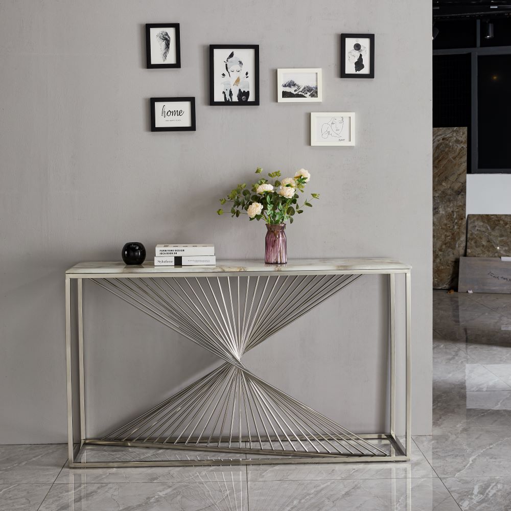 Spiral Console Hallway Table Stainless Steel Base Marble Top Silver - Quality Rugs and Furniture