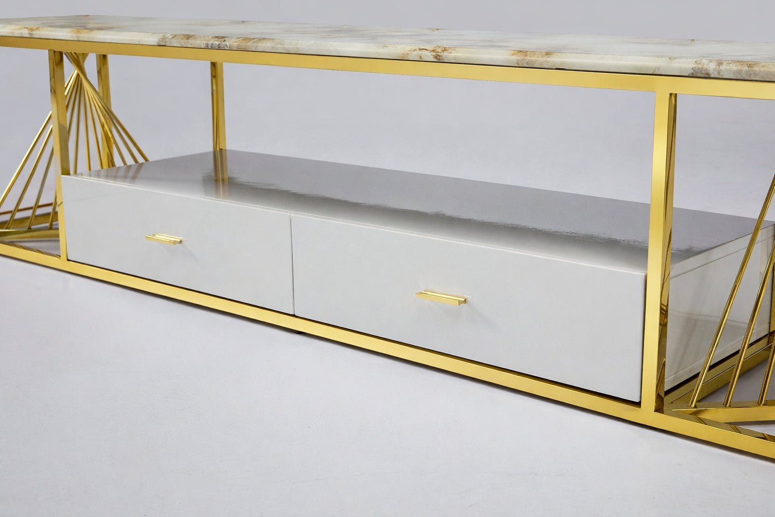 Spiral Tv Unit Stainless Steel Base Marble Top Gold - Quality Rugs and Furniture