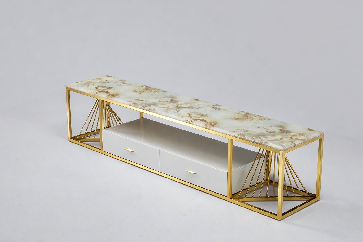 Spiral Tv Unit Stainless Steel Base Marble Top Gold - Quality Rugs and Furniture