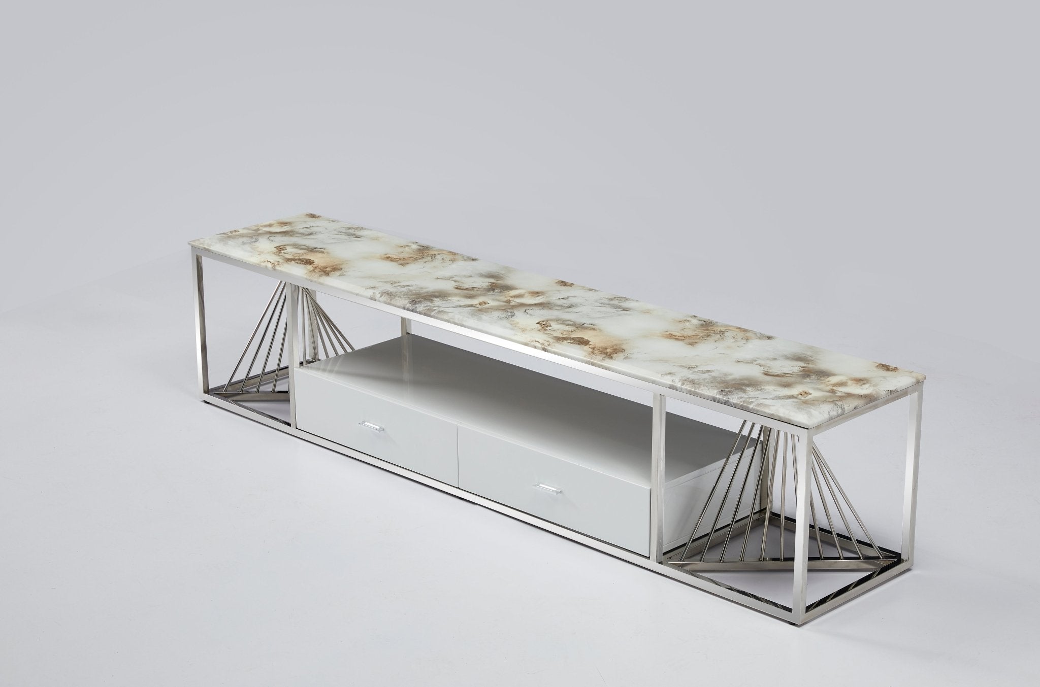 Spiral Tv Unit Stainless Steel Base Marble Top Silver - Quality Rugs and Furniture