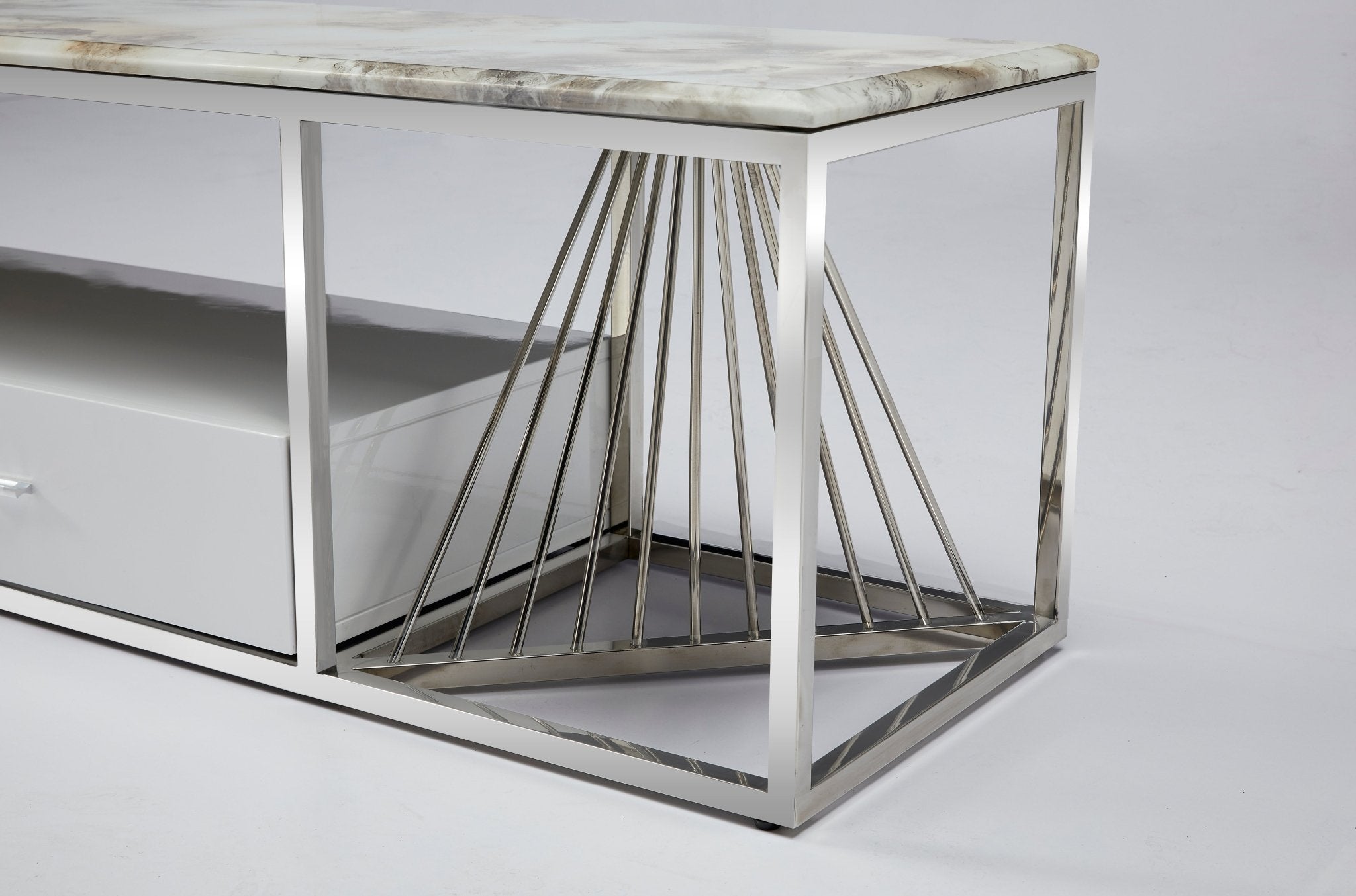 Spiral Tv Unit Stainless Steel Base Marble Top Silver - Quality Rugs and Furniture