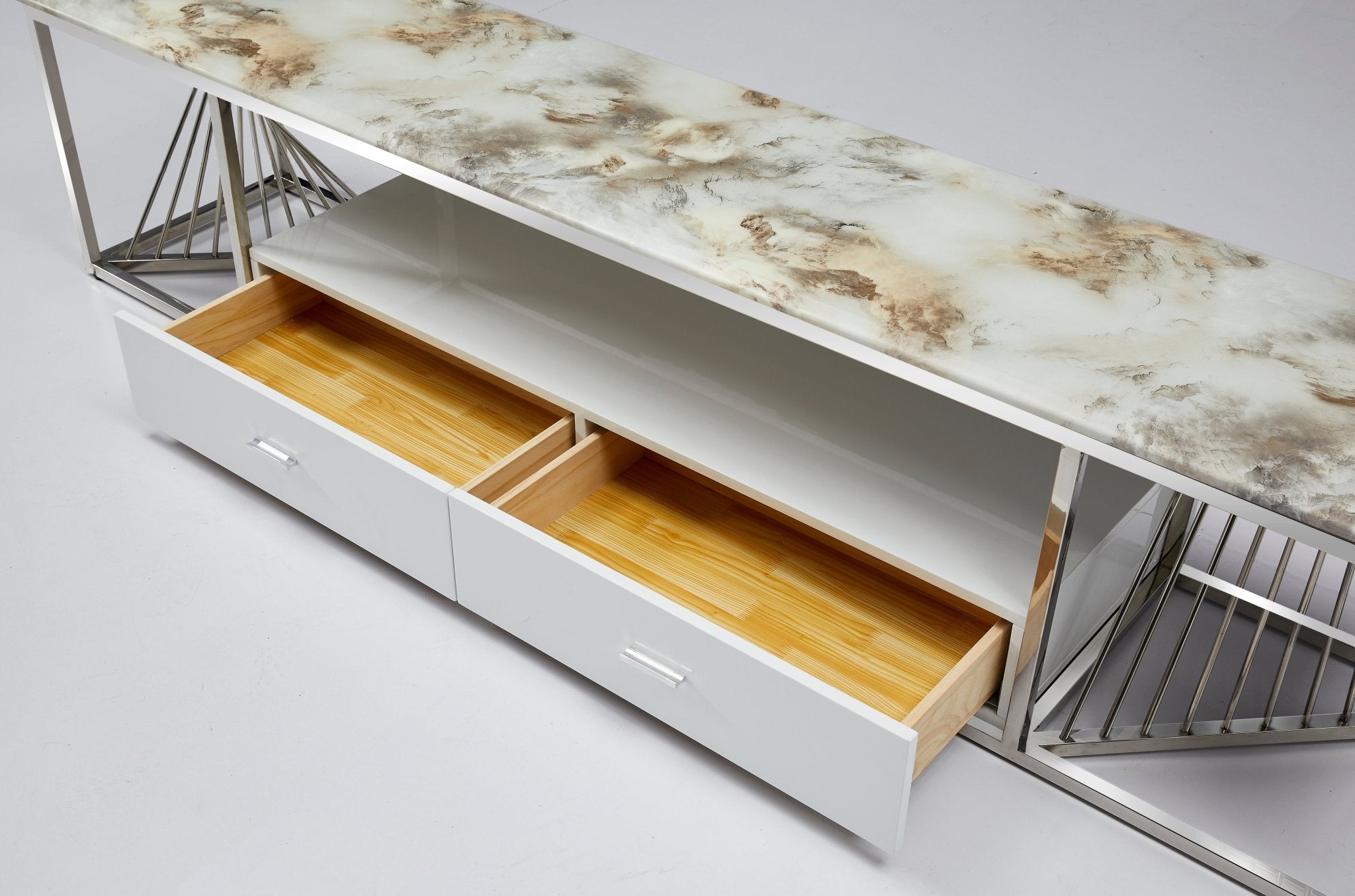 Spiral Tv Unit Stainless Steel Base Marble Top Silver - Quality Rugs and Furniture