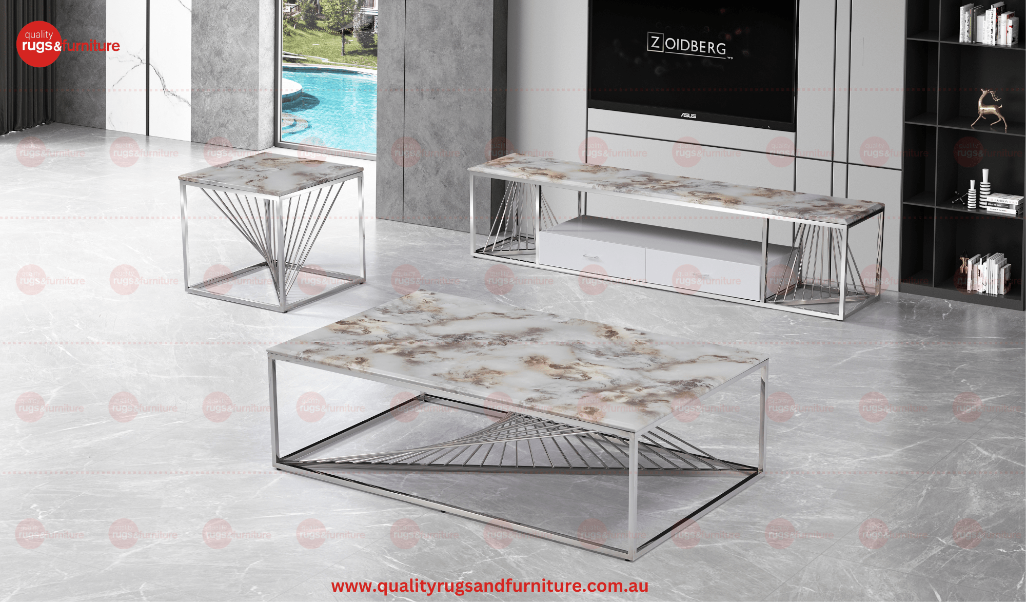 Spiral Tv Unit Stainless Steel Base Marble Top Silver - Quality Rugs and Furniture
