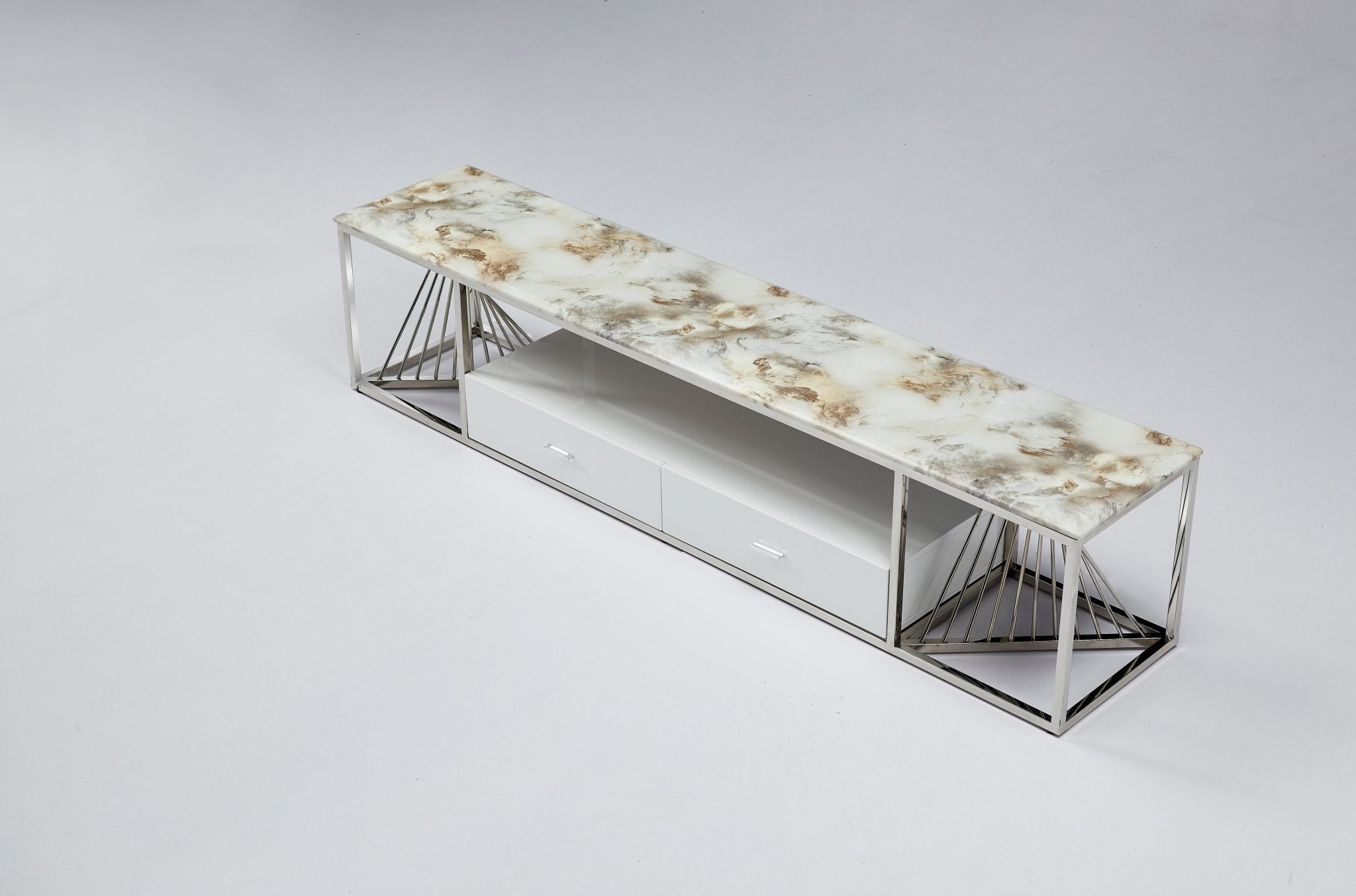 Spiral Tv Unit Stainless Steel Base Marble Top Silver - Quality Rugs and Furniture