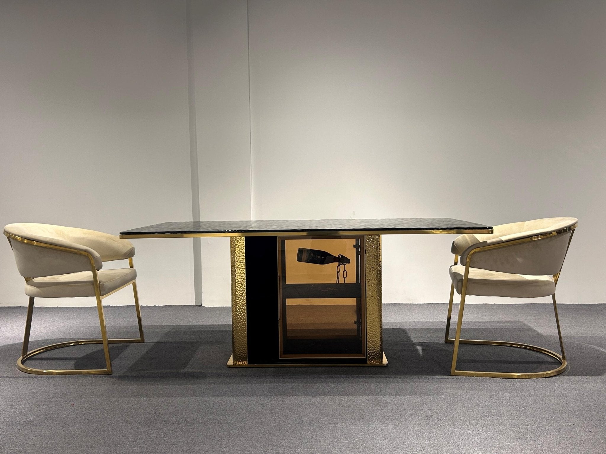Swift Black Glass Dining Table Stainless Steel Base Gold Modern Luxury Design - Quality Rugs and Furniture
