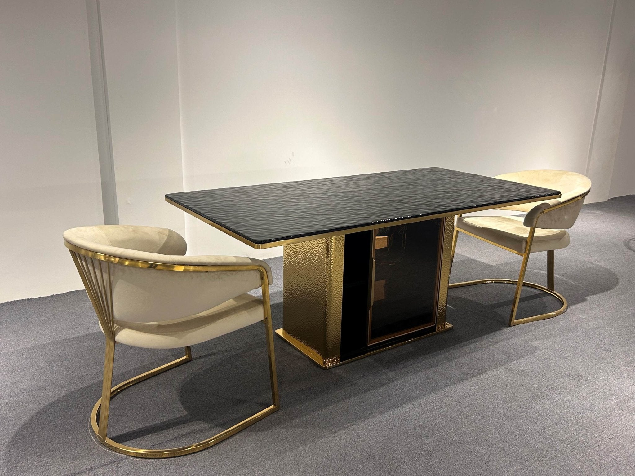 Swift Black Glass Dining Table Stainless Steel Base Gold Modern Luxury Design - Quality Rugs and Furniture