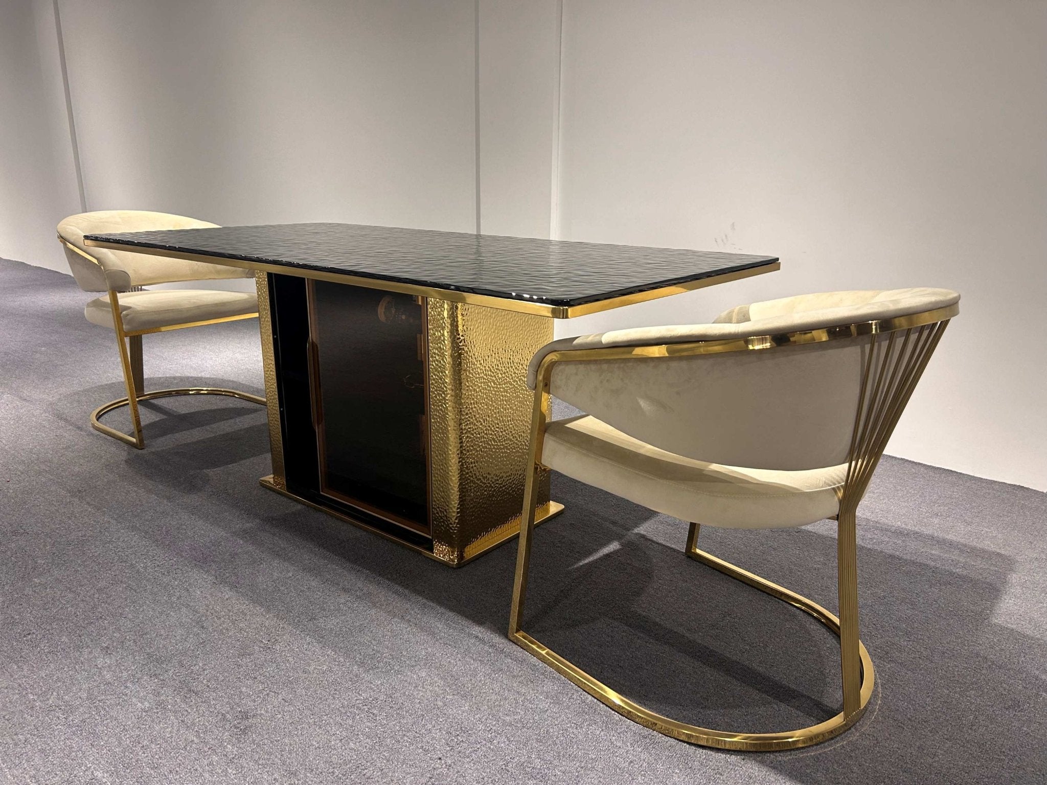 Swift Black Glass Dining Table Stainless Steel Base Gold Modern Luxury Design - Quality Rugs and Furniture