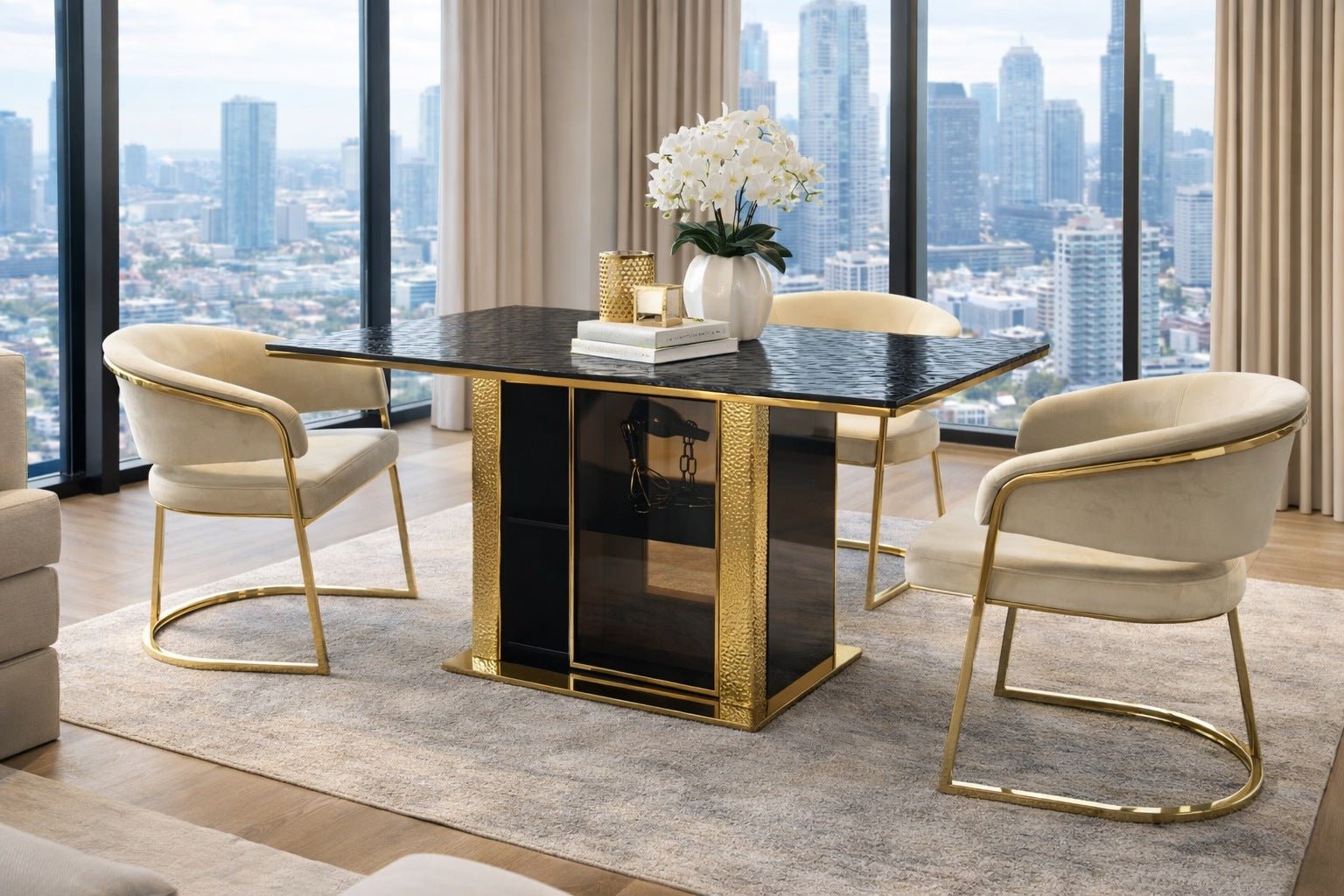 Swift Black Glass Dining Table Stainless Steel Base Gold Modern Luxury Design - Quality Rugs and Furniture