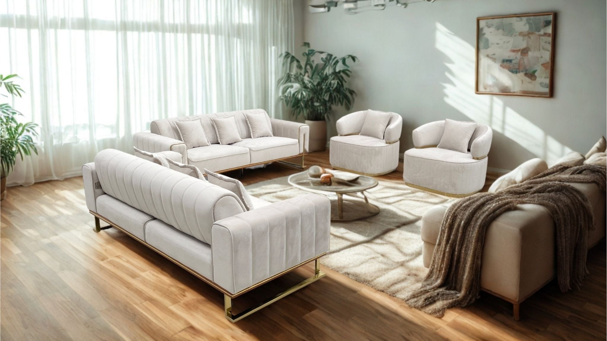 Tanya Luxury Modern Velvet Sofa Set Beige Gold - Quality Rugs and Furniture