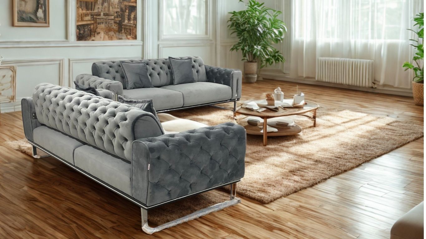 Zurih Luxury Velvet Sofa Set Grey Silver - Quality Rugs and Furniture