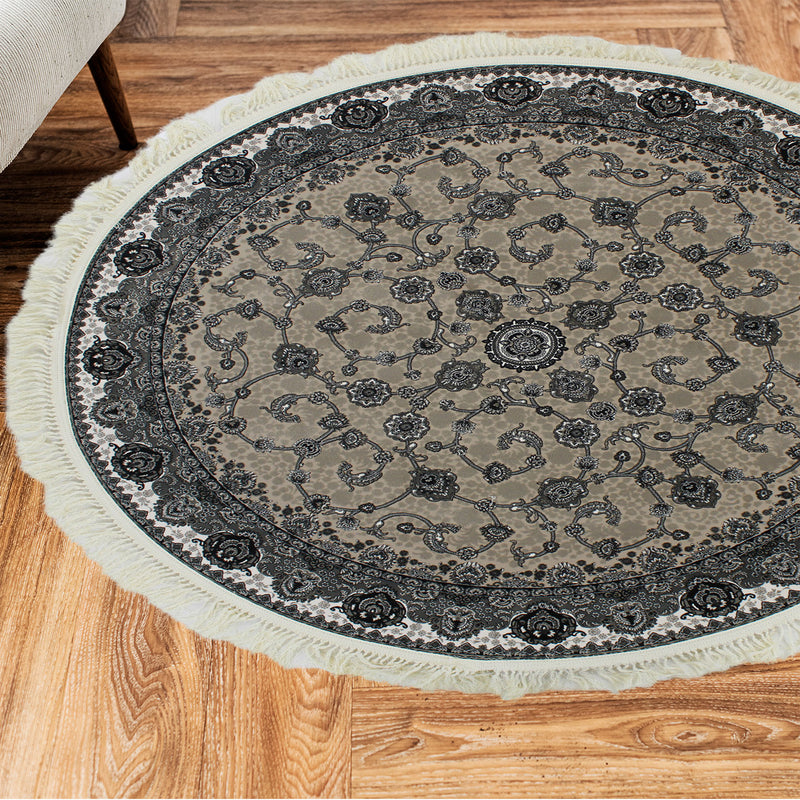A ROUND RUG | Zartosht 3830 Grey/ Black White Round Traditional Rug | Quality Rugs and Furniture