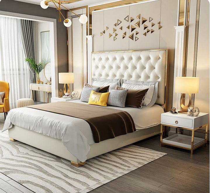Elif King Bed Luxury Modern Cream Gold