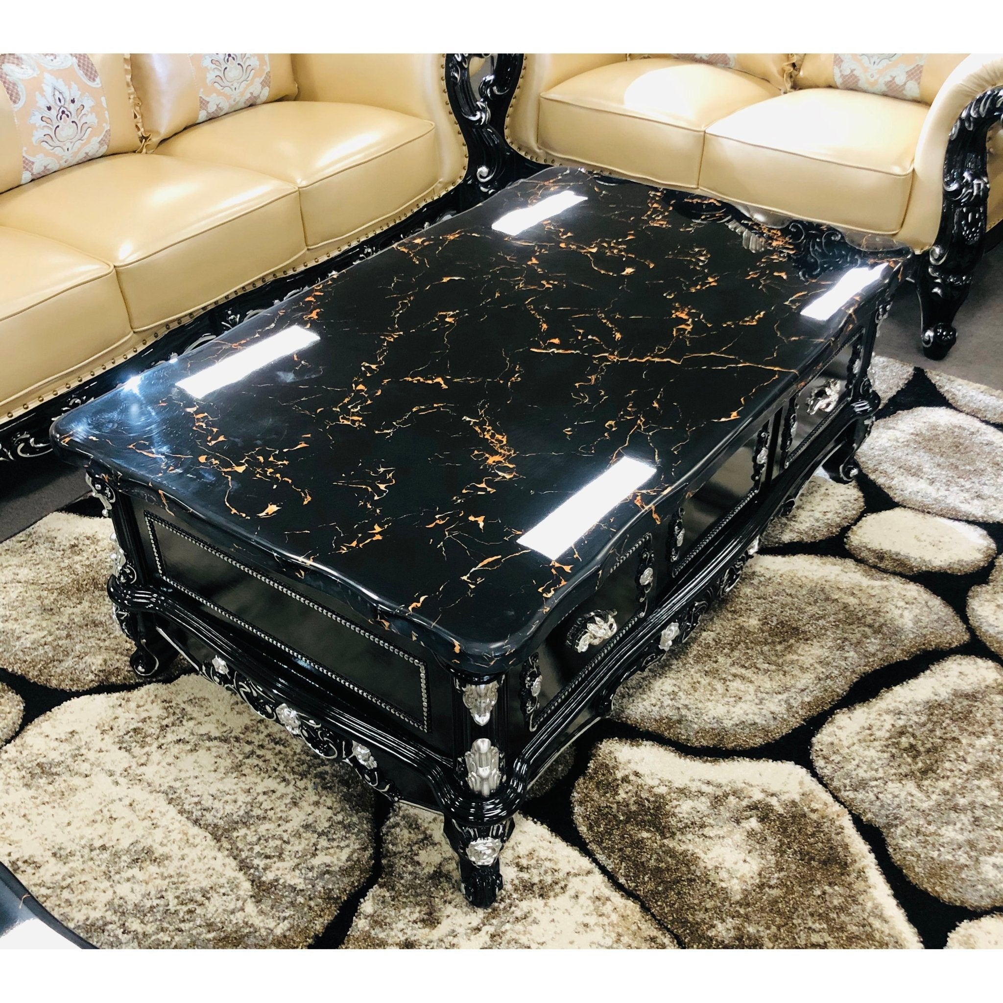 Amesterdam Marble Top Wooden Base Luxury Coffee Table Black Silver - Quality Rugs and Furniture
