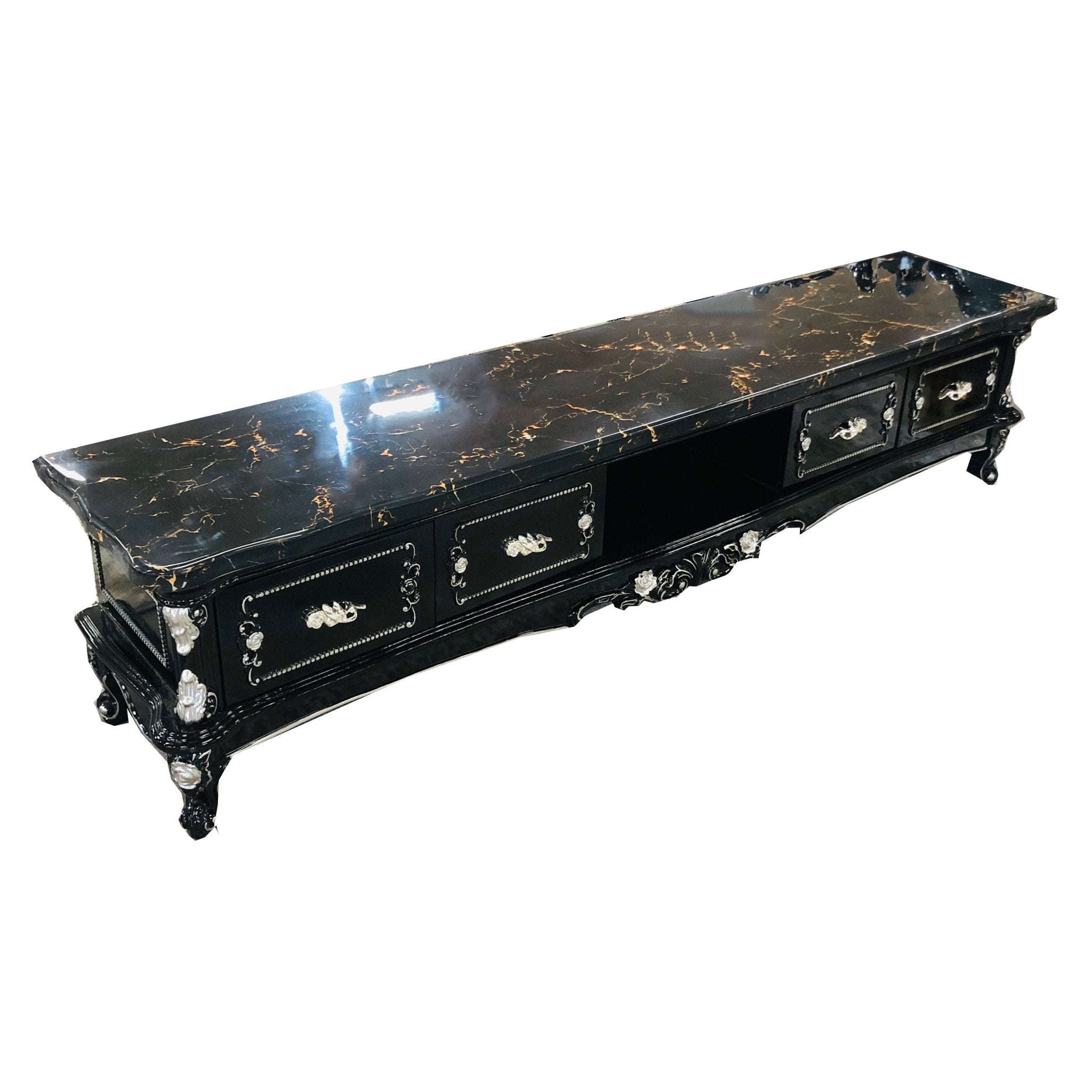 Amesterdam Tv Unit Marble Top Wooden Base Black Silver - Quality Rugs and Furniture