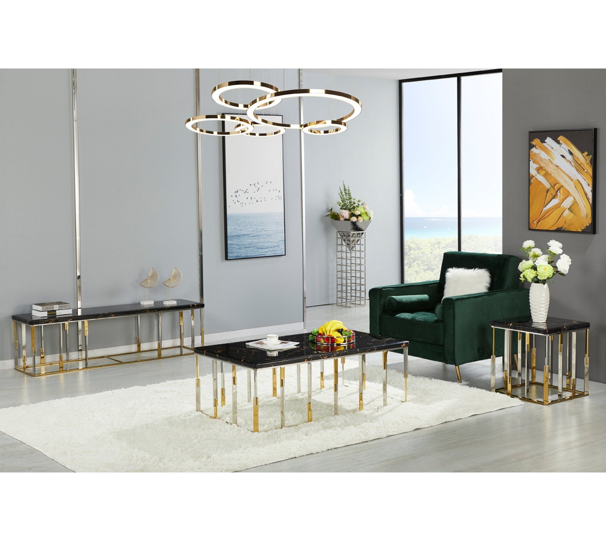 Emma Marble Top Stainless Steel Base Tv Unit Black Gold - Quality Rugs and Furniture