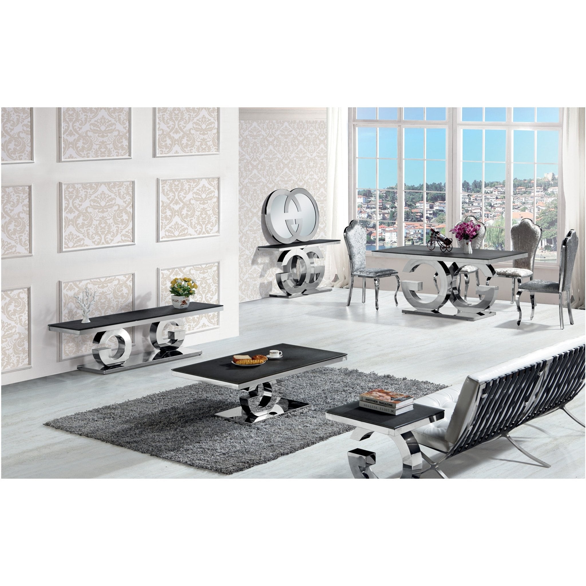 Gabi Stainless Steel Base Tempered Glass Top Dining Table Black Silver - Quality Rugs and Furniture